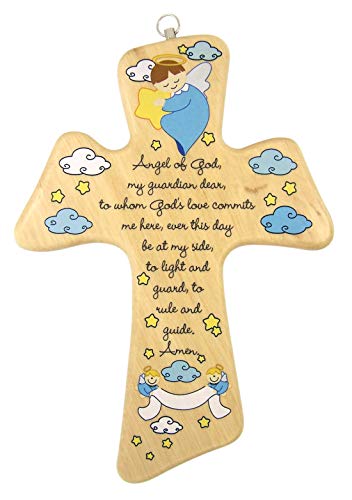 Needzo Angel Of God, My Guardian Dear Prayer Wood Wall Hanging Baptism Or Nursery Cross Decoration For Baby Boys With Diy Customizable Banner Design, 8 3/4 Inches #TOP4