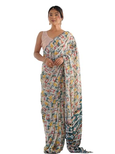 Image of Panzora Women's Chinon Printed Saree With Unstitched Blouse Piece