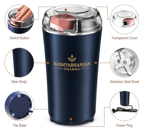 Image of KASHTHABHANJAN PHARMA Electric Coffee Grinder Spice & Coffee Bean Grinder Stainless Steel 4 Blade Mixer Grinder for Masala & Herb Push Button Control Durable Grinding Machine for Dry Item (Blue)