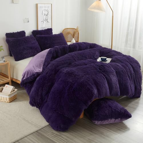Image of XeGe Cozy Plush Shaggy Duvet Cover Luxury Soft Fluffy Furry Solid Color Boho Bedding for Girls Women Bedroom (1 Faux Fur Fuzzy Comforter Cover), Zipper Closure (King Size, Purple)