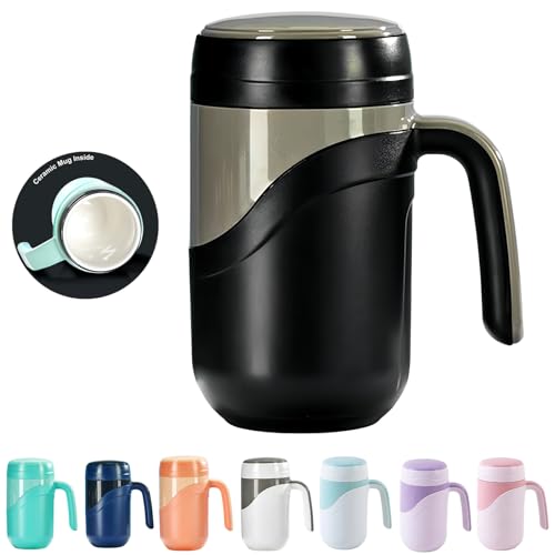 Klaraber Ceramic Travel Mug 12oz, 350ml Ceramic Liner Insulated Mug with Leak Proof Lid and Handle, Perfect for Coffee or Tea, Suitable for Using at Home, Office or School(Black)