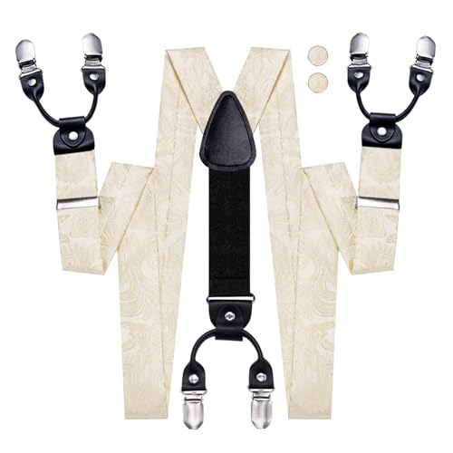 Image of Hi-Tie Men's Suspenders and Tie Set Silk Adjustable Elastic Y Braces with Strong 6 Clips Pocket Square Set