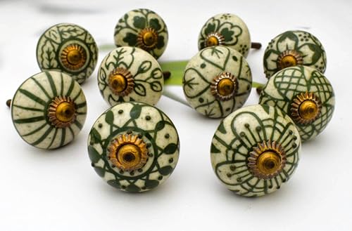ARTISNO Lot de 12 boutons ronds décoratifs en céramique pour armoire de cuisine, tiroir, armoire et commode Vert et blanc