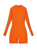 Floerns Women's Mock Neck Long Sleeve Ribbed Knit One Piece Shorts Bodycon Romper Orange XL