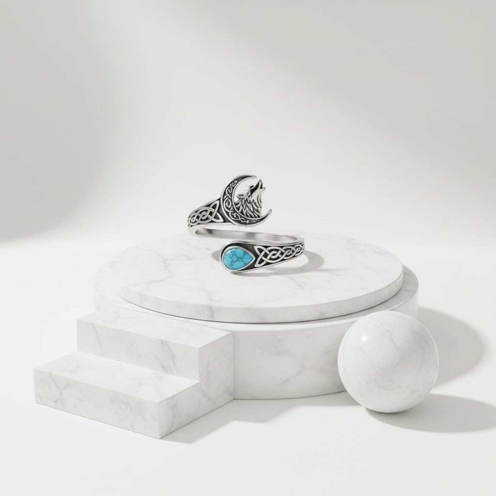 ONEFINITY Wolf Ring 925 Sterling Silver Turquoise Celtic Knot Wolf Spoon Adjustable Open Ring Viking Jewelry Gifts for Women Men