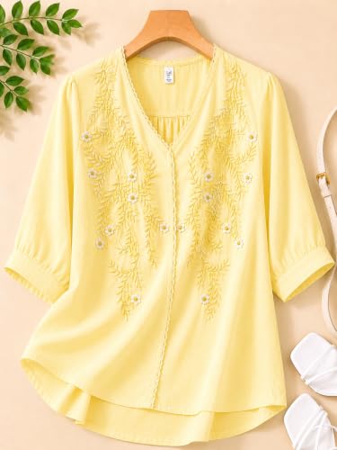 Image of RIEKA Womens Embroidered Korean Style Top and Tunic; V Neck| Floral Thread Embroidery| Three Quarter Puff Sleeves |Relaxed Fit Curved Hem| Casual Everyday Fusion Top