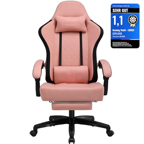 GTPLAYER Gaming Stuhl Ergonomischer Gaming Sessel Schreibtischstuhl mit Stoffoberfläche, Federsitzkissen, Verbindungsarmlehnen und Fußstütze 150KG, Schwarz-Rosa