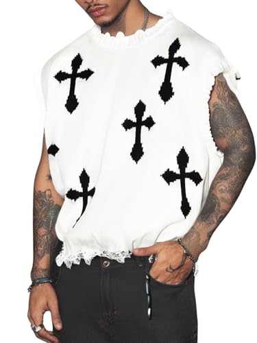 Verdusa Men's Sweater Vest Cross Print Ripped Y2k Sweaters Vintage Sleeveless Knit Tops Streetwear