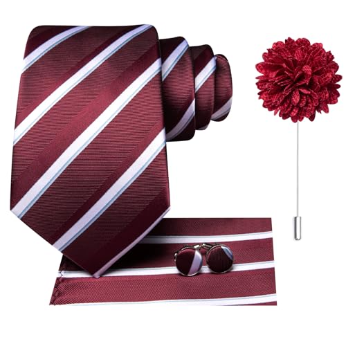 Image of Hi-Tie Men Silk Ties Set with Flower Lapel Pin Necktie Pocket Square Cufflinks for Tuxedo Wedding Business