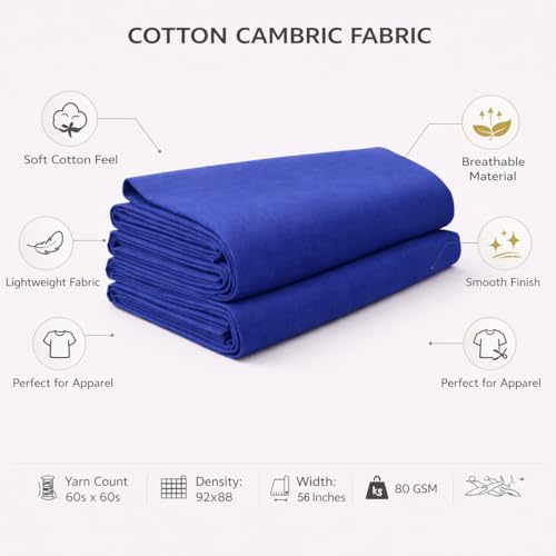 Image of Soimoi Blue Solid 60 * 60's Cotton Cambric Fabric by 3 Yards, 56 Inch Wide Light Weight Material Suitable for Kurtis, Blouses, Kids Clothing, Tunics, Dresses and Summer Apparel