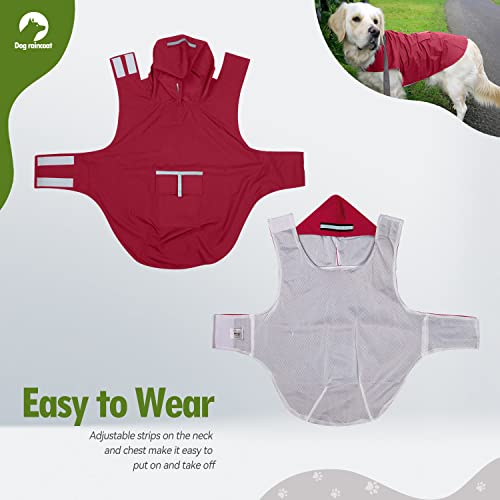 Zellar Hunderegenmantel mit Kapuze & Kragenloch & Sicheren Reflektierenden Streifen, Ultraleichte Atmungsaktive 100% wasserdichte Regenjacke für Mittelgroße bis Große Hunde, Rot, 3XL
