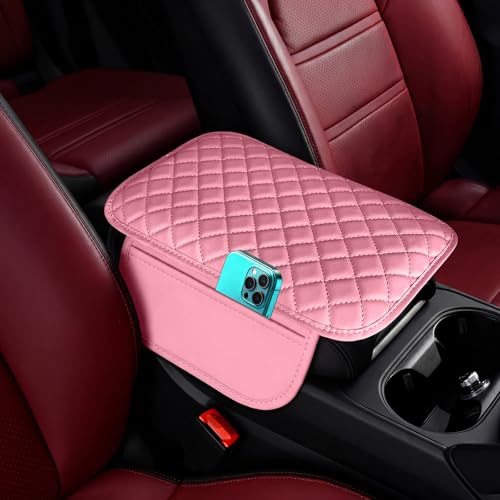DSCARCovers Upgraded Car Center Console Cover Pink,Microfiber Leather Car Armrest Cover Cushion with 2 Storage Bags,Universal Car Armrest Storage Box Car Interior Accessories for Most Vehicles (Pink)