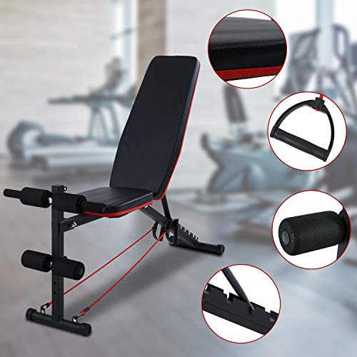 Weight Bench Adjustable, Workout Bench Press, Foldable Incline Decline Sit Up Exercise bench, Flat Strength Training Benches for Home Gym with Resistance Bands