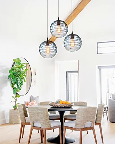 ARIAMOTION Pendant Lights Dining Room Coastal Lighting Fixtures Blue Stripe Seeded Glass Modern Style Ceiling Hanging Kitchen Island Beach House Sunroom Hallway Globe Lamp 9 Inch 2 Pack - Image 7