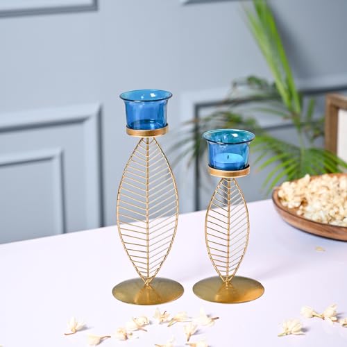 Image of Market99 (2 Votive) Leaf T- Lite Holder Set of 2 | Iron Tealight Holder with Leaf Shape & Blue Color | Glossy Finish Decorative Item for Festive Season and Home Decoration | Leaf Design
