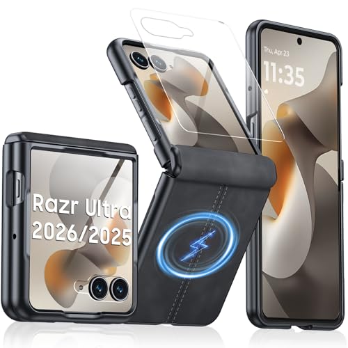 Image of Magnetic for Motorola Razr Ultra 2026 /2025 Case with Hinge Protection, Screen Protector, Fit for Magsafe, Ultra-Thin PU Leather Matte PC Shockproof Cover for Razr Ultra 2026 /2025-Black Gray