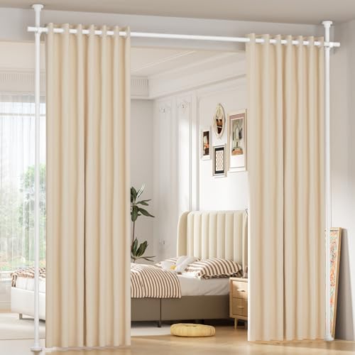 Zipglo Tringle Rideau Sans Percage ，155-350 cm (H) × 110-297 cm (L) ，Blanc Cloison Amovible Sans Percage，Tringle à Rideaux Flexible Et RéGlable...