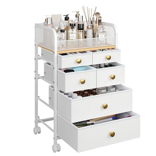Uiithokyia Rolling Makeup Cart Organizer with 6 Drawers Makeup Storage with Wheels Floor Skincare Organizers Vanity Storage Organizer Cosmetics Display Cases for Skin Care Perfume Nail Polish White