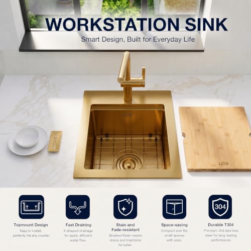Image of LQS Brushed Gold Finish Kitchen Sink, Small Gold Drop In Bar Sink 16 inch x 18 inch with Cutting Board, 16 Gauge Stainless Steel Golden Kitchen Sink, 10 inch Depth For Daily Use, Outdoor and Prep Use