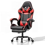Ray Bear Gaming Chair, Ergonomic Computer Chair with Footrest and Lumbar Support, Height Adjustable Office Chair with 360° Swivel Seat and Headrest (Red & Black)