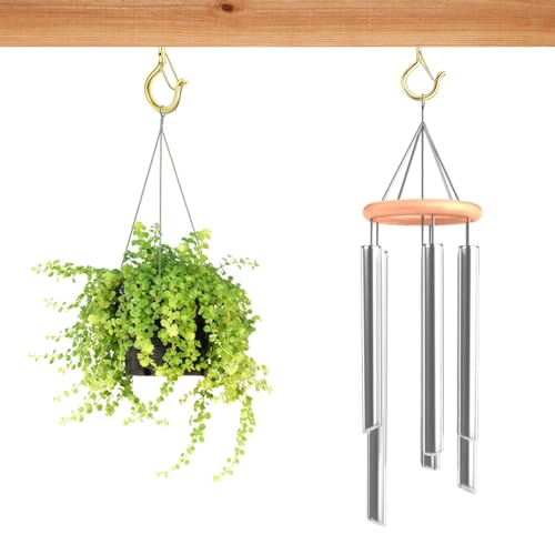 FSAH 12 PCS Q-Hanger Hooks, Screw Hooks for Outdoor String Lights, Safety Buckle Design Cup Eye Hook for Hanging Christmas Lights, Plants, Wind Chimes, Mounted on Wall Ceiling, Windproof, Gold