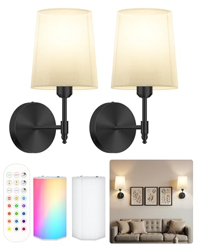 Image of Ouyulong Battery Operated Wall Sconces Set of 2, Wireless Rechargeable Dimmable Wall Light with 15000mAh RGB Bulb and Remote for Bedroom, Living Room, Hallway, Black, 13.4in