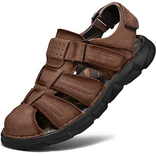 Mens Sport Sandals Closed Toe Leather Sandals Outdoor Adjustable Fisherman Summer Beach Shoes