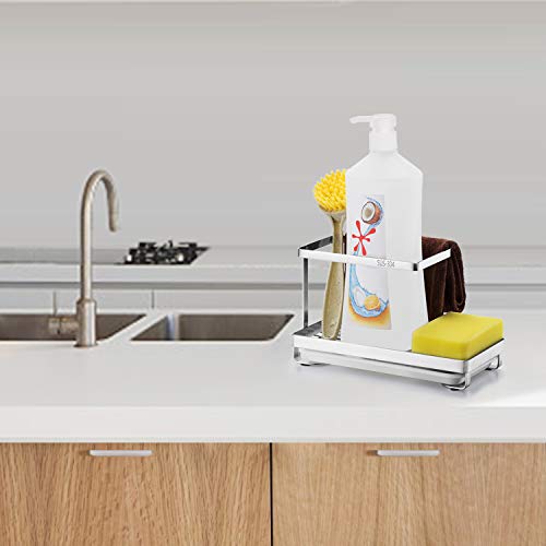 Oyydecor Kitchen Sink Caddy Organizer with Drain Pan Sponge Soap Brush Holder SUS304 Stainless Steel (Silver) - Thumbnail 2