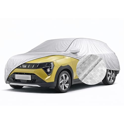Image of SEAZEN Waterproof Car Cover for Mahindra XUV 3X0 | Dustproof, UV & Scratch Resistant Soft Cotton Lining | Triple Stitched, Mirror Pockets & Elastic Hem | Metallic Silver with Black Piping