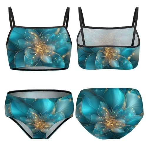 Turquoise Flowers Abstract Girls Swimsuits Two Piece Bikini Sets Beach Sport Swimwear Bathing Suit3