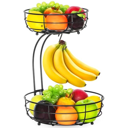 Bextsrack 2-Tier Countertop Fruit Basket Bowl with Banana Hanger, Metal Wire Fruits Stand Holder...