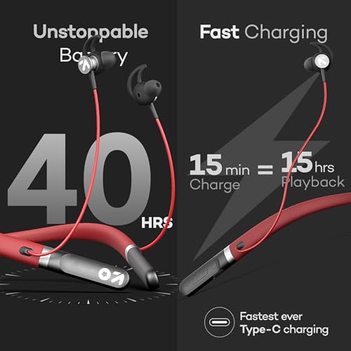 Image of Boult Audio ZCharge Bluetooth Earphones with 40H Playtime, Dual Pairing Neckband, Zen ENC Mic, Type-C Fast Charging (10Mins=15Hrs), Biggest 14.2mm Bass Driver IPX5 Premium Silicone Neck Band (Red)