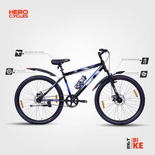 Image of Hero Next Sports 26T Single Speed Mountain Bicycle for Mens | Front Suspension | Disc Brake | Black-Blue | 85% Assembled Cycle