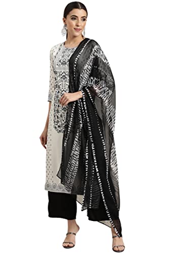 Image of Juniper Women`s Blacknwhite Rayon Printed Straight Kurta Sets