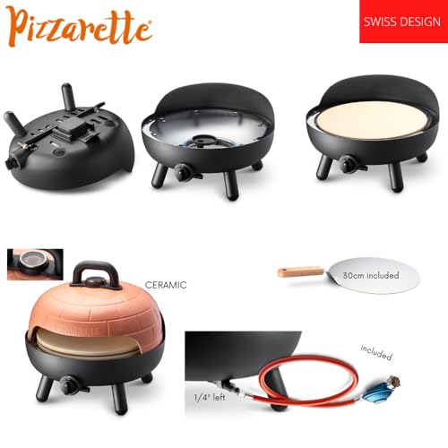 PIZZARETTE XL | Gas Grill | einzigartig | 2 in 1 Grill und Pizzaofen | bis 400 Grad | Druckguss Grillrost | Schamott Pizzastein | handgemachte Terracotta Haube | Kontrollthermometer | Pizzaheber