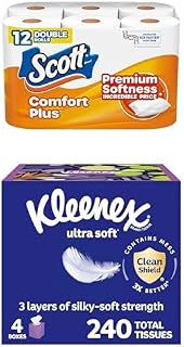 Bundle of Scott ComfortPlus Toilet Paper, 12 Double Rolls, 231 Sheets per Roll, 1-Ply Toilet Tissue + Kleenex Ultra Soft Facial Tissues, 4 Cube Boxes, 60 Tissues per Box, 3-Ply (240 Total)