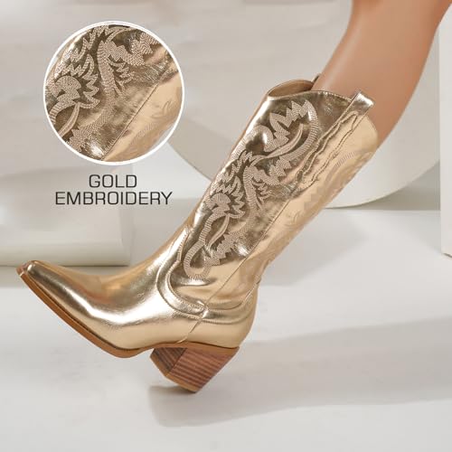 Glitter Wide Calf Metallic Embroidered Cowboy Boots For Women Sparkly Mid Calf Chunky Heel Pull on Pointy Toe Western Cowgirl Boots Fashion Vintage Short Booteis For Girl4
