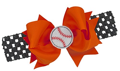 Funny Girl Designs Baseball Team Fan Bow and Crochet Headband Fits Newborn to Toddlers (BLACK BAND/ORANGE BOW)