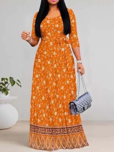 Image of PinkPatty Women's Plus Size Maxi Dresses Casual Flowy 3 /4 Sleeves Dress Printed Vacation Dress for Daily Wear with Belt
