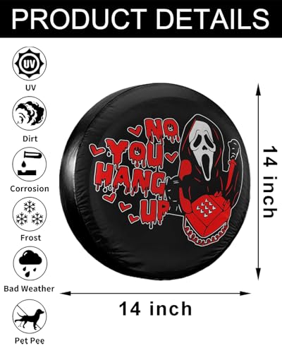 Image of Camper Spare Tire Cover 14 Inch - Horror Ghost Design No You Hang Up - Durable PVC Leather, Waterproof & Dust-Proof - Black Wheel Protector for 14-Inch RV, Jeep, Trailer, SUV Tires