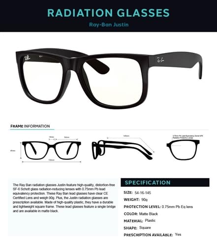 Ray-Ban Justin Lead Glasses - 0.75mm Pb X-Ray Radiation Eye Protection, Single Bridge