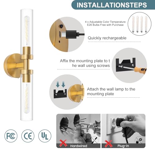 Image of Battery Operated Wall Sconces, Wall Sconce Set of 2, 3000K-6500K Gold Rechargeable Wall Lamp with Remote, Indoor Non-Hardwired Wall Sconce, Modern Vanity Light for Bedroom, Living Room, Aisle