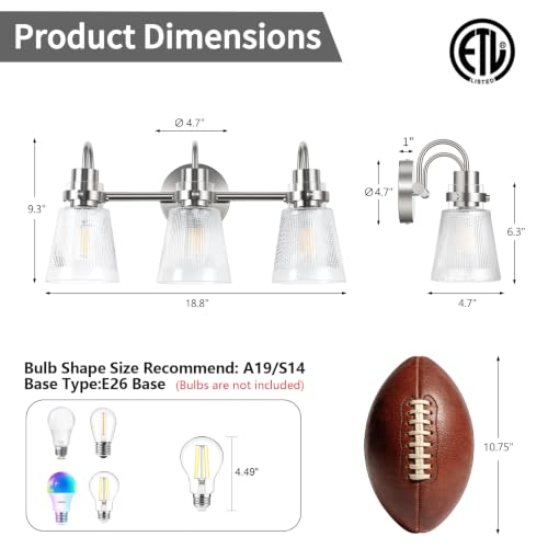 Image of Brushed Nickel Bathroom Light Fixtures, 18.8 Inch Modern Vintage Vanity Lights with Clear Striped Glass Shade, 3-Light Bathroom Wall Sconce Over Mirror for Entryway Bedroom