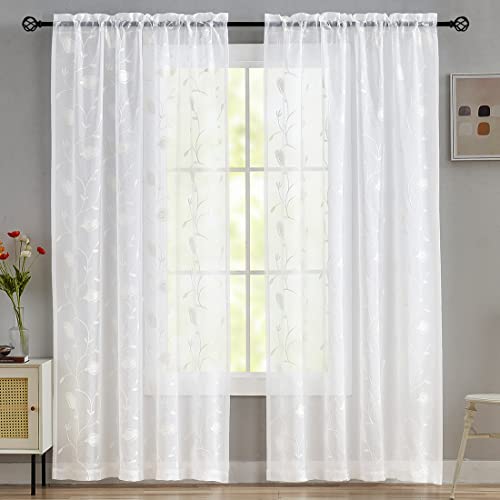 Image of Sheer Curtains White 95 Inches Embroidered Floral, Window Treatments Rod Pocket Drapes for Living room, Bedroom, Semi Crinkle Voile Curtain Panels for Yard, Patio, Villa, Parlor, Set of 2, 52 inchx 95 inch.