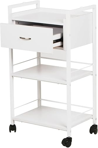 Miniatura 8 de Buy-Rite Jenny Salon Trolley Carrito de 3 niveles para spas, esteticistas y salones, organizador de madera blanca con cajón, estantes abiertos,