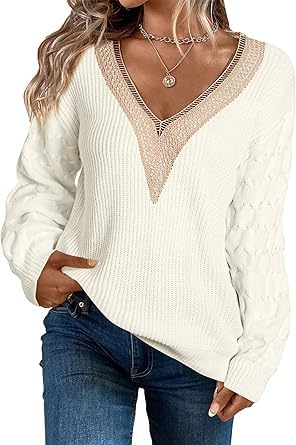Womens Sweater Long Sleeve Pullover V Neck Knit Drop 2024 Fall Tops White
