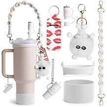 Accessories Set for Stanley Cup - 7pc Set for 30/40 oz Cup, Including Silicone Cup Boot, Water Bottle Strap, Cup Ring, Straw Cover, Water Cup Decoration,Lipstick Holder and Plush Ball Hanger