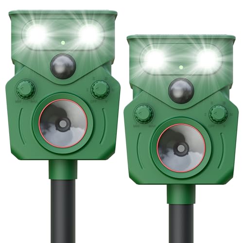 2025 Upgraded Solar Powered Animal Repeller 2 Packs, Ultrasonic Solar Powered Deer Repellent for Outdoor Yard Lawn Repel Squirrel Raccoon Cat Deterrent with Motion Sensor & Flashing Light