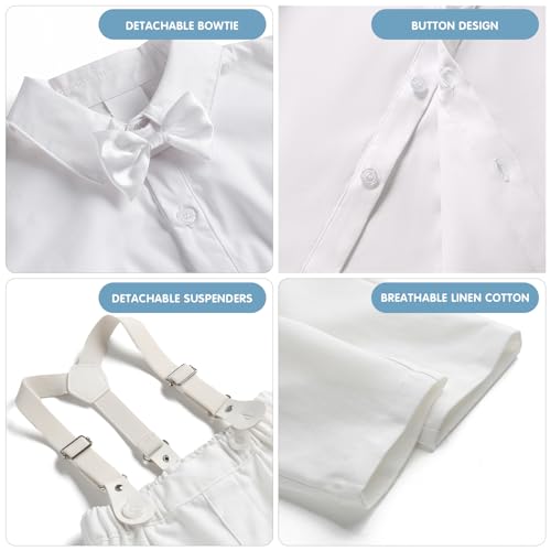 Image of Booulfi Baptism Christening Outfits for Baby Boy Outfits,NB- 5t Boy Clothes | 4 Piece Button Down White Shirt Bow Tie Photography Suspenders Baptism Outfits for Boys,Newborn 5t Boys Clothes Summer