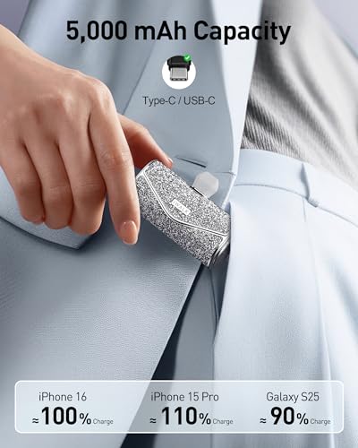 Image of iWALK Upgraded Sparkly Portable Charger 22.5W, 5000mAh Power Bank for iPhone 17 /16 /15 Series, Mini Battery Pack with Built-in USB-C Connector Compatible with Samsung S25 /24, iPad Pro /Air, AirPods